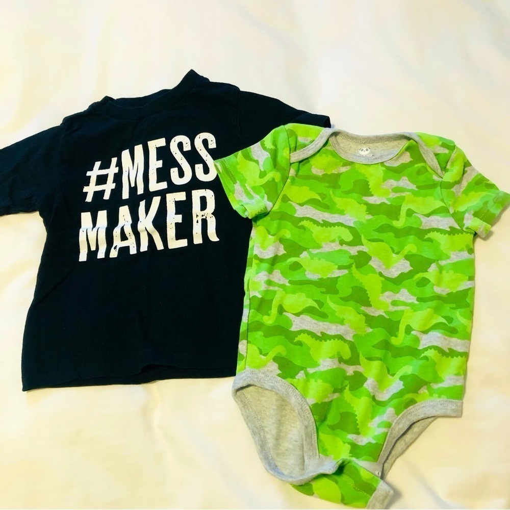 👀4/$25 Size 24 month 2 T Camo onesie and Black Mess Maker Tshirt